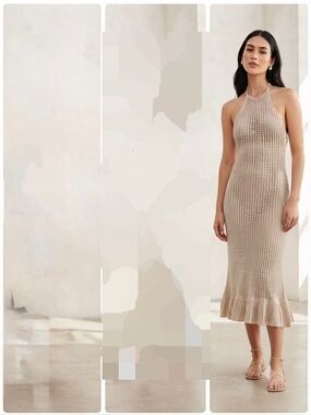 stradivarius Beige Halter Crochet Midi Dress